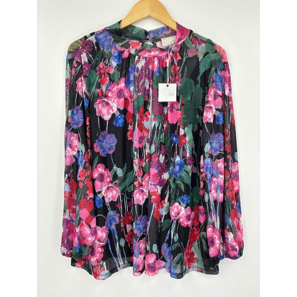 Cupio Floral Mesh Sheer Lined Long Sleeve Blouse Top 1X Red Pink Black NEW